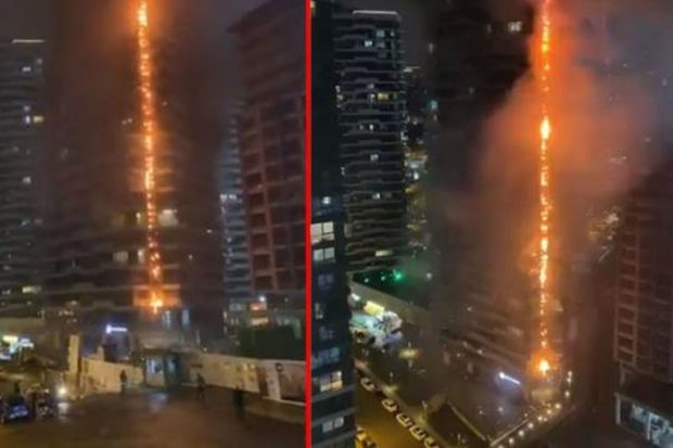 İstanbulun ən hündür binalarından birində güclü yanğın olub