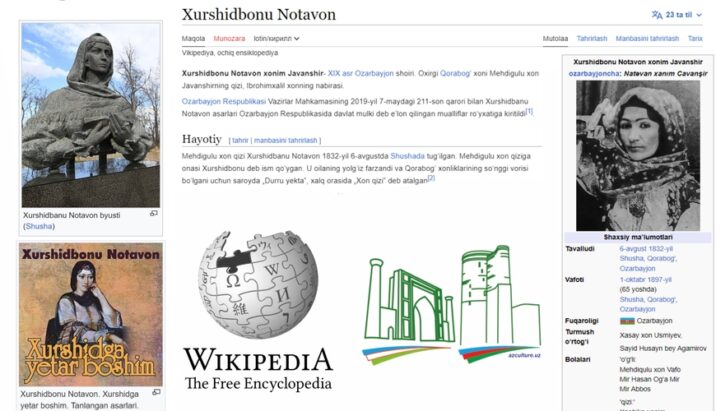 “Wikipediya”da Xurşidbanu Natəvan haqqında özbək dilində bölmə istifadəyə verilib
