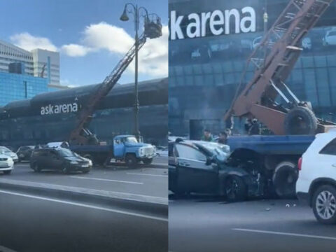 Bakının mərkəzində avtomobil krana çırpıldı: Xəsarət alanlar var