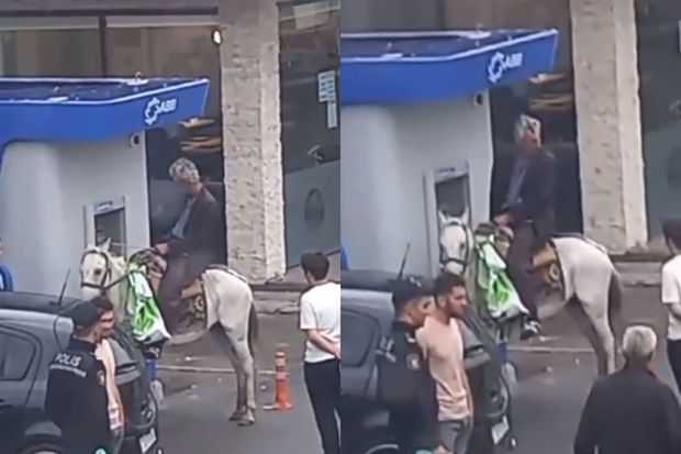 Azərbaycanda kişinin at belində bankomatdan pul çıxarması gündəm oldu