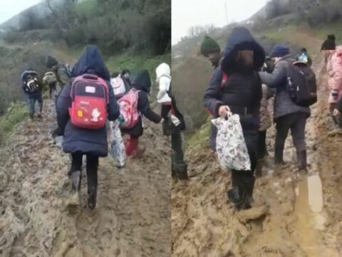 Lənkəranda dizə qədər palçıq olan məktəb yolu