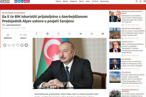 Bosniya və Herseqovina KİV-i İlham Əliyevin bu ölkəyə səfəri ərəfəsində silsilə məqalələr yayımlayıb