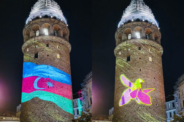 İstanbuldakı Qalata qülləsi Azərbaycan bayrağı rənglərində işıqlandırılıb