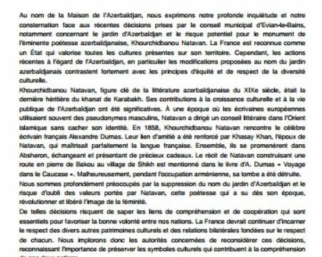 Parisdəki Azərbaycan Evi Fransanın Evian-lö Bən şəhər meriyasına müraciət etdi