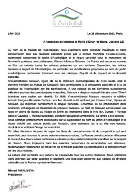 Parisdəki Azərbaycan Evi Fransanın Evian-lö Bən şəhər meriyasına müraciət etdi