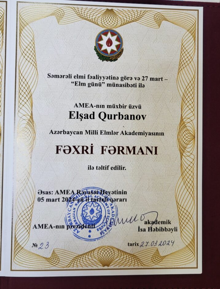BDU-nun kafedra müdiri AMEA-nın Fəxri Fərmanı ilə təltif olunub
